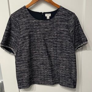 J. Crew Dark Navy & White Tweed Suiting Crop Top Blouse Fringe Sleeves - Medium